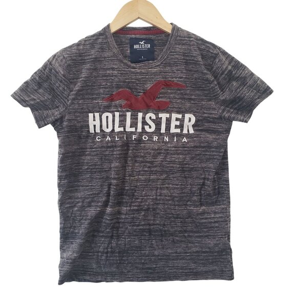 Hollister Mens Gray Heathered T Shirt Red Logo Crewneck Short Sleeve Size S Y2K - Picture 1 of 5